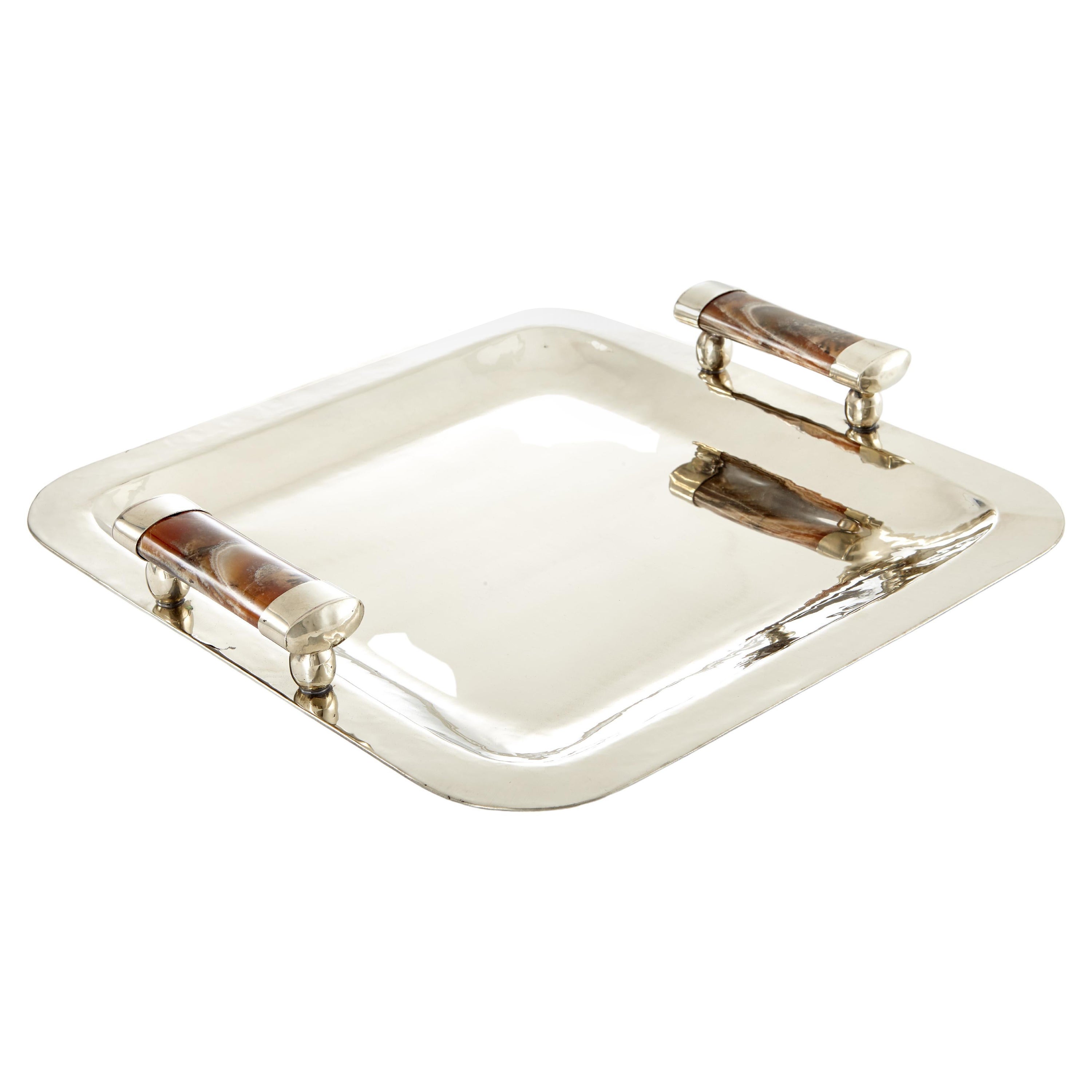 Valle Square Large Silver Alpaca & Brown Onyx Stone Bar Tray For Sale