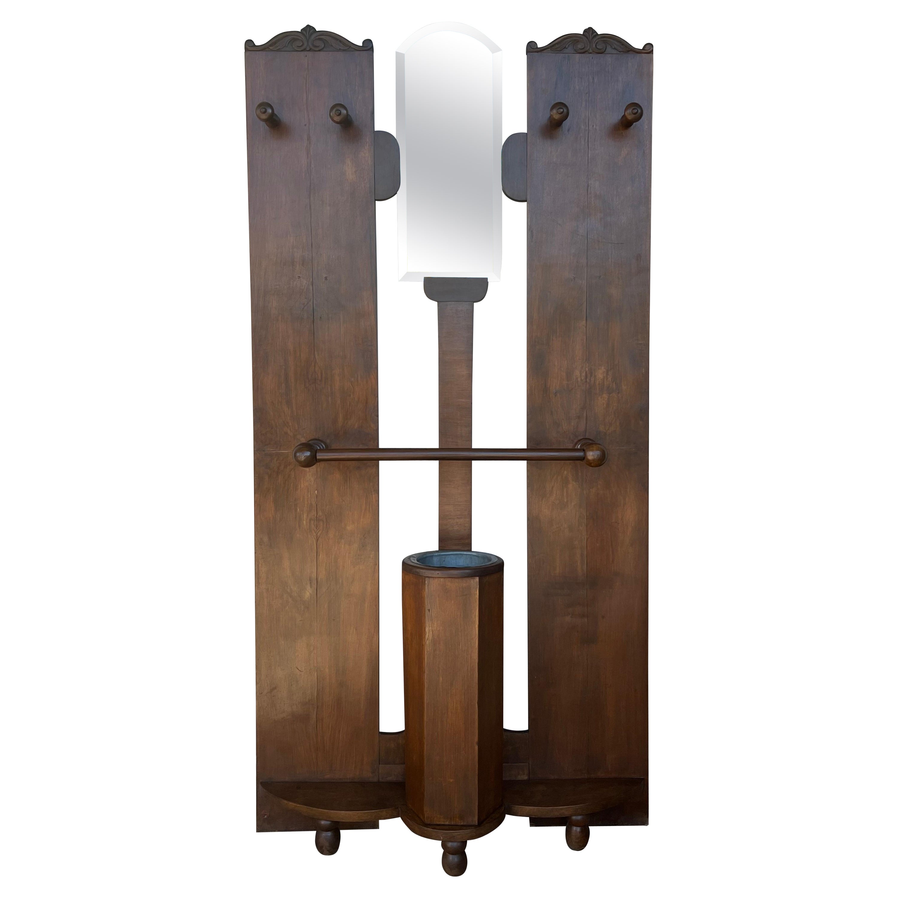 Art Decò Coat Rack Floor Stand with Umbrella Holder and Mirror For Sale