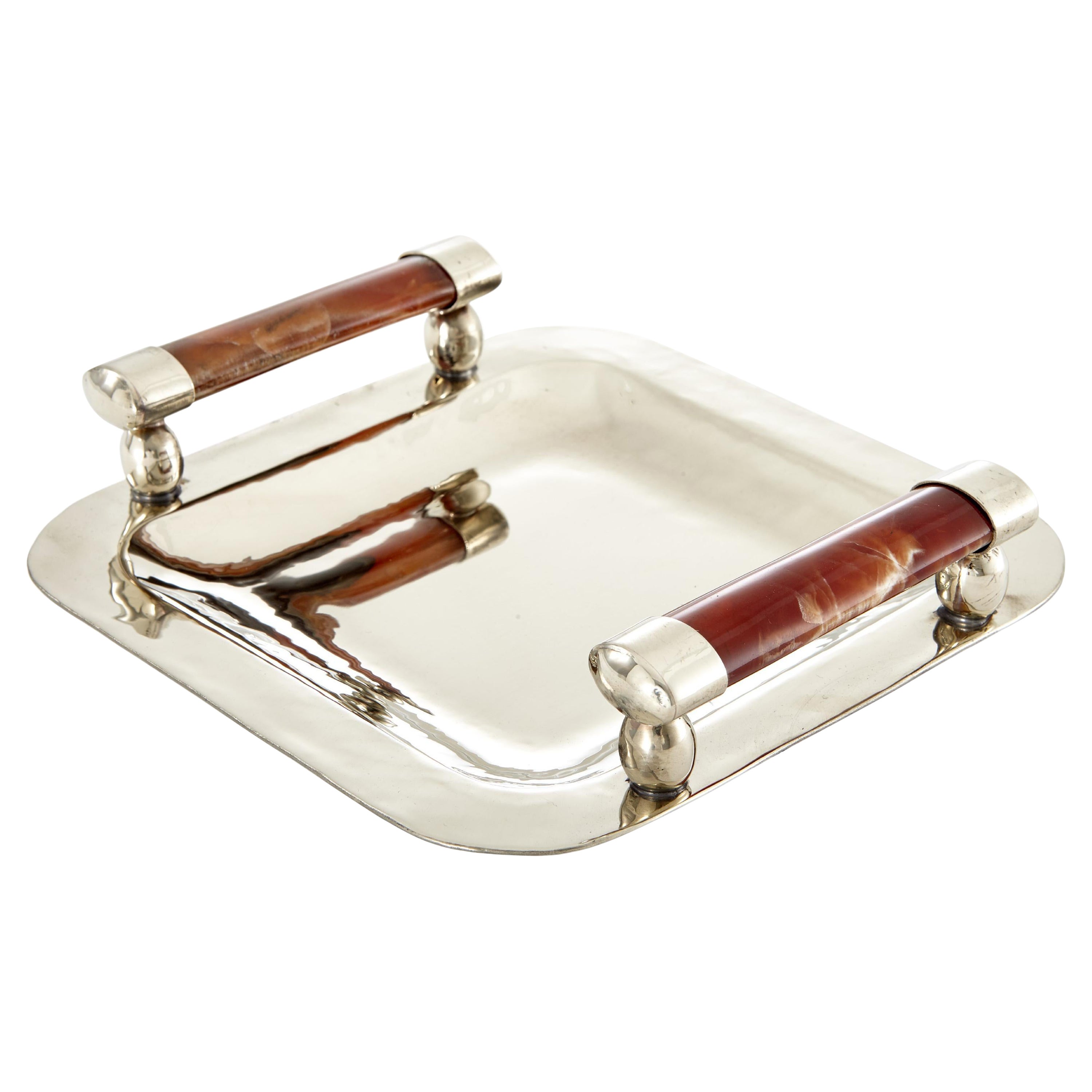 Valle Mini Large Silver Alpaca & Brown Onyx Stone Tray For Sale