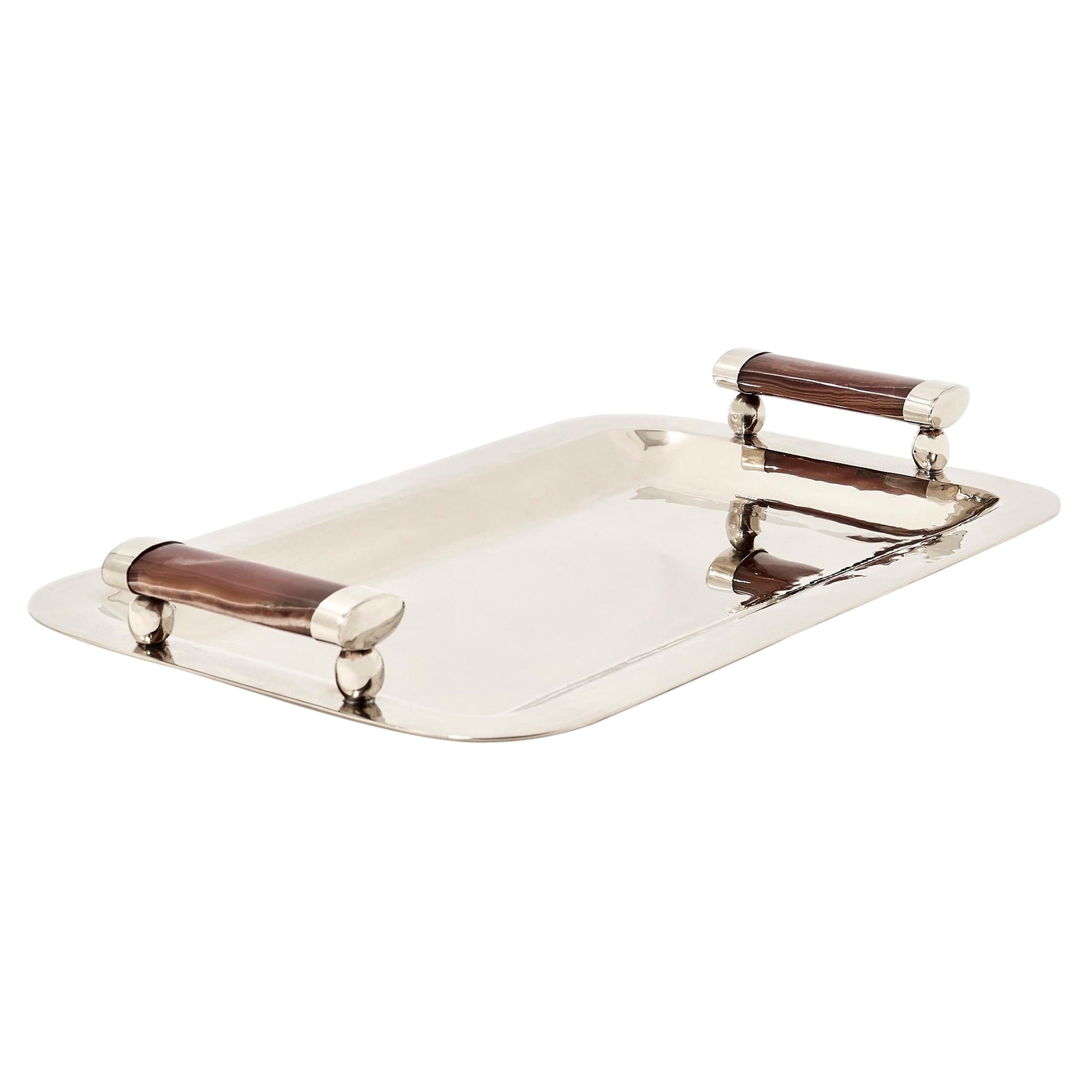 Valle Bar Large Silver Alpaca & Brown Onyx Stone Tray For Sale