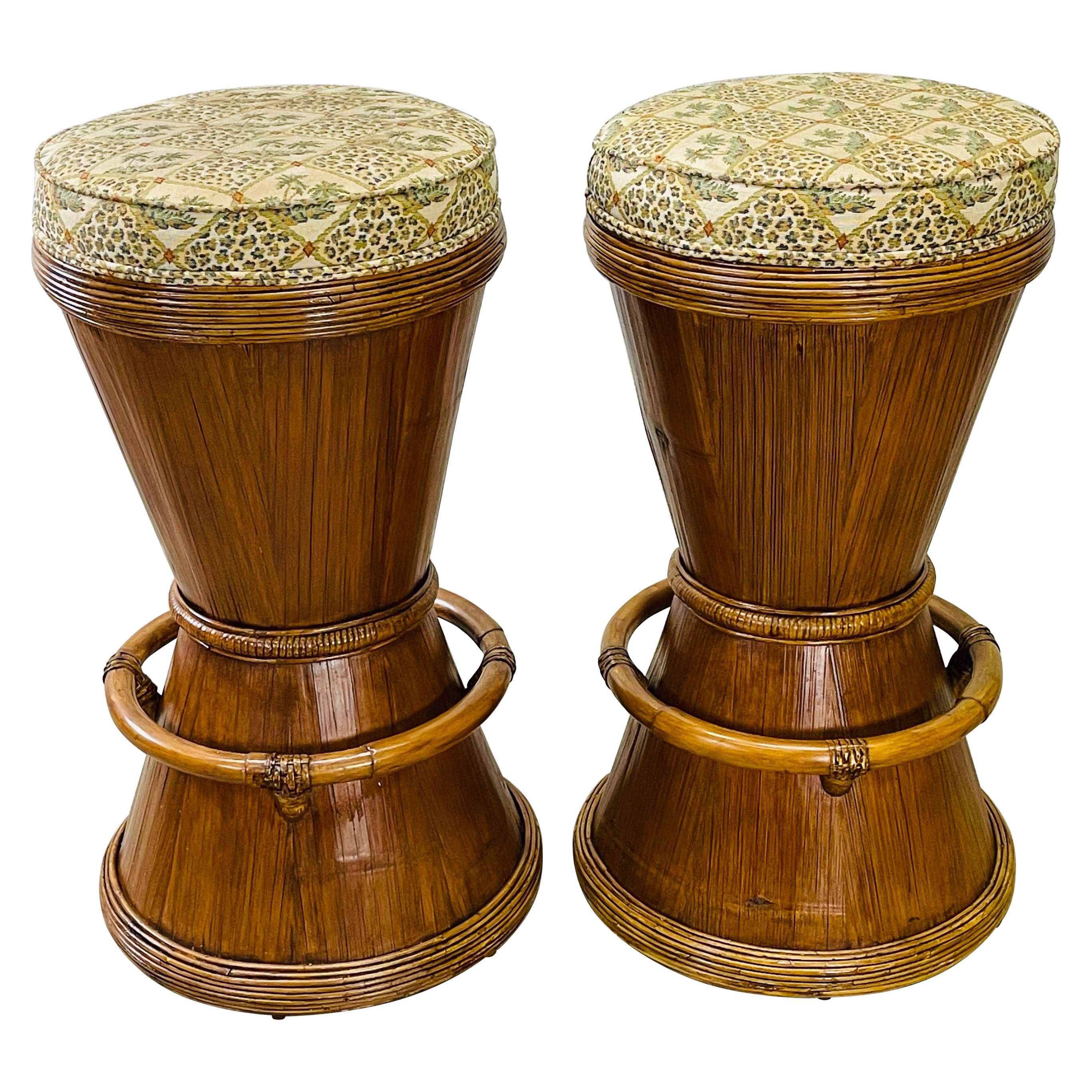 1970s Rattan Round Bar Stools, Pair For Sale
