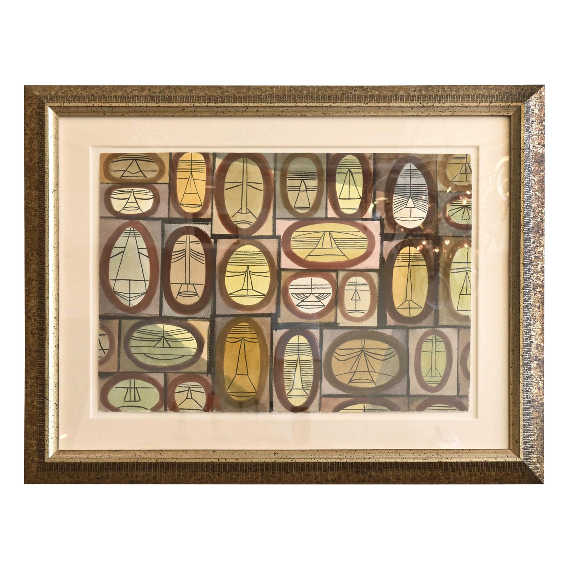 Mid-Century Modern Cubist Watercolor by William Henry Custom Framed For Sale