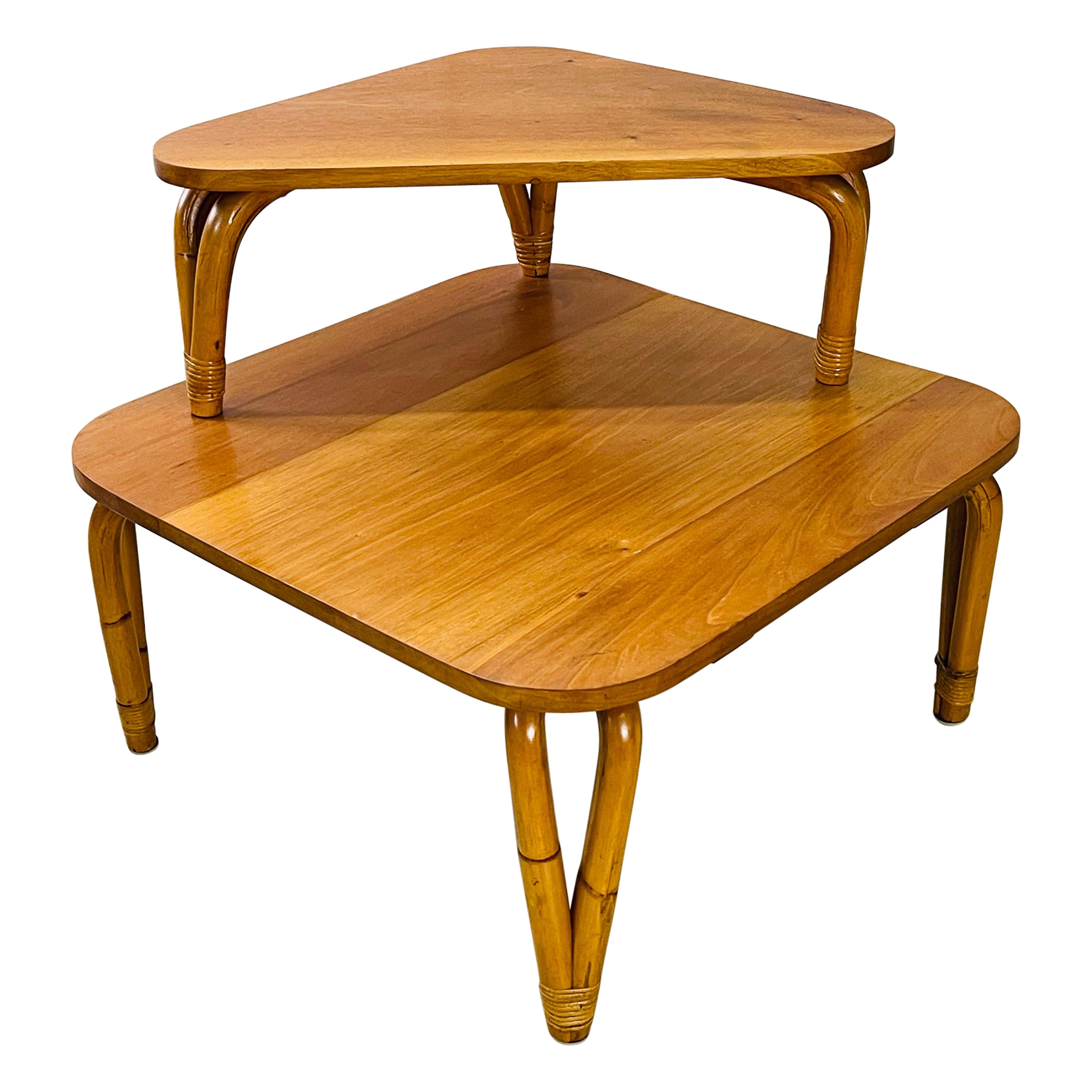 1950s Rattan & Mahogany Corner Table For Sale