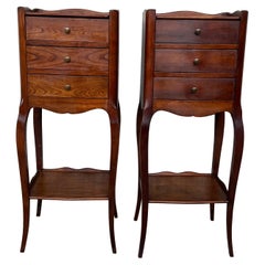 Antique Pair of French Louis XV Style Walnut Bedside Tables with Three Drawers and Shelv