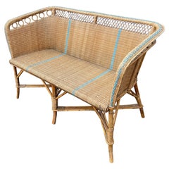 Antique Early 20th-C. French Painted Wicker And Bamboo Settee For The Garden Or Patio