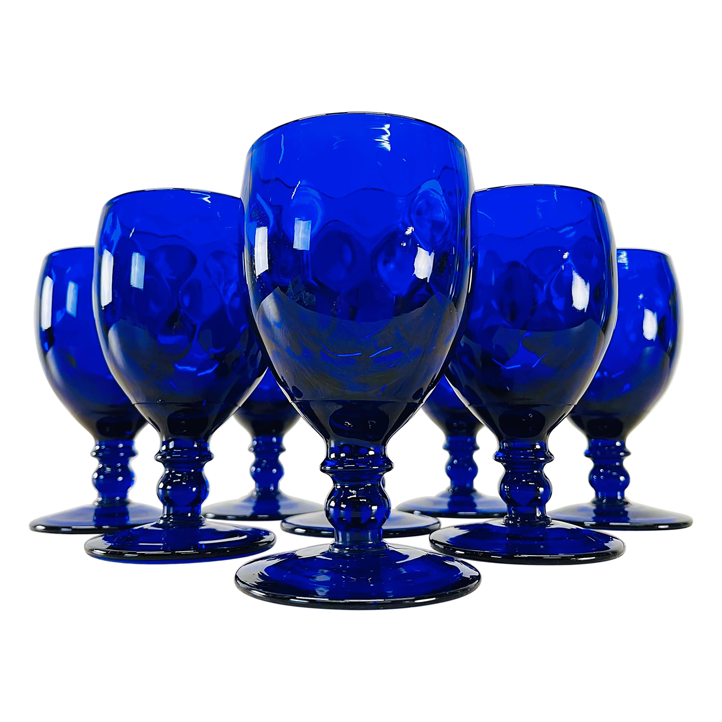 1950s Quilted Cobalt Glass Water Stems, Set of 8 For Sale