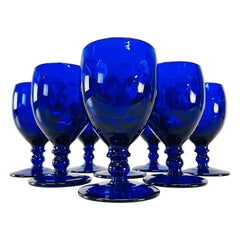 Retro 1950s Quilted Cobalt Glass Water Stems, Set of 8