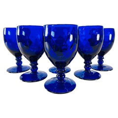 Retro 1950s Quilted Cobalt Glass Water Stems, Set of 6