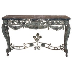 19th-C. French Wrought Iron Draped Floral and Marble Top Console Table