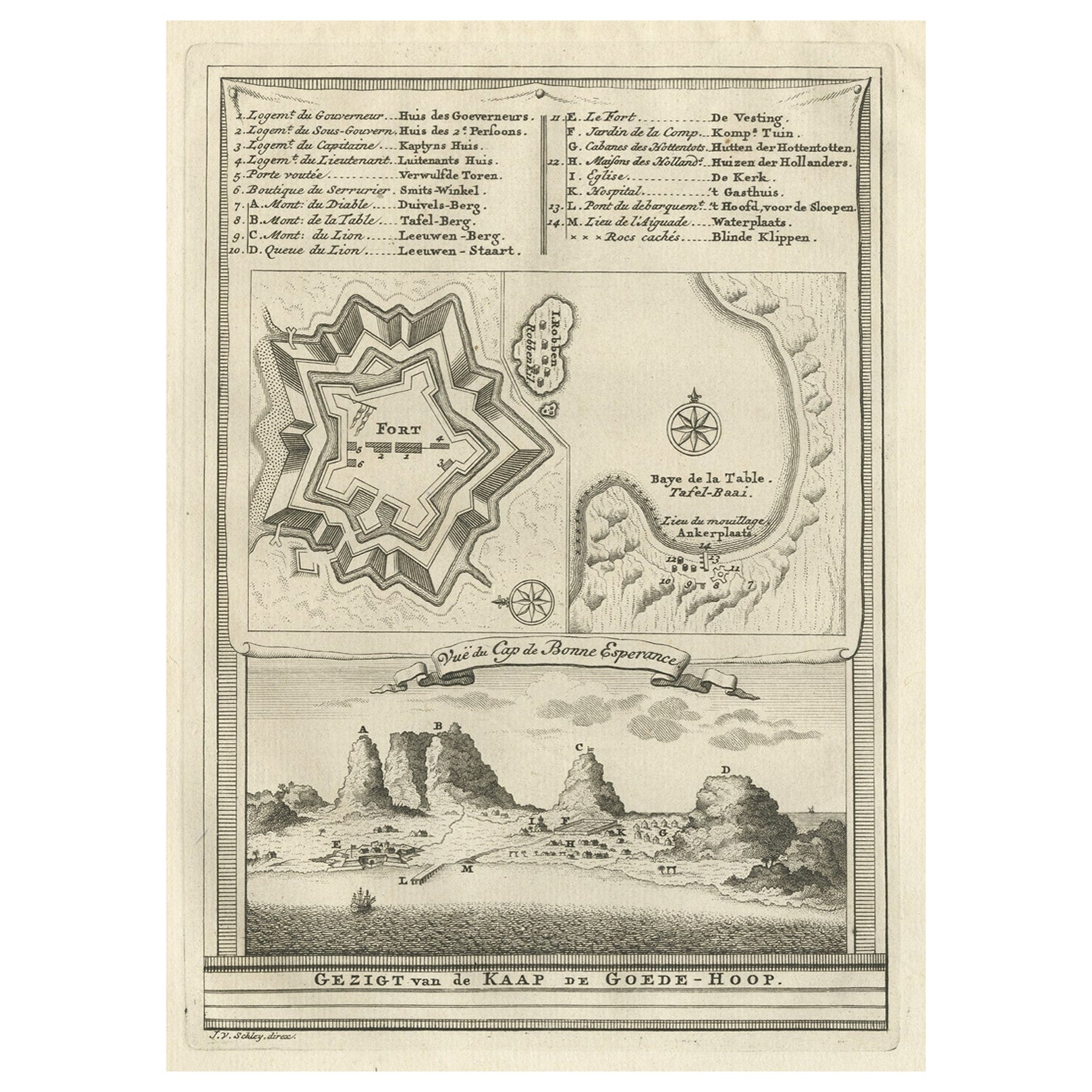 Old Print mit Ansicht des Kaps der guten Hoffnung und der Table Bay, Südafrika, 1750