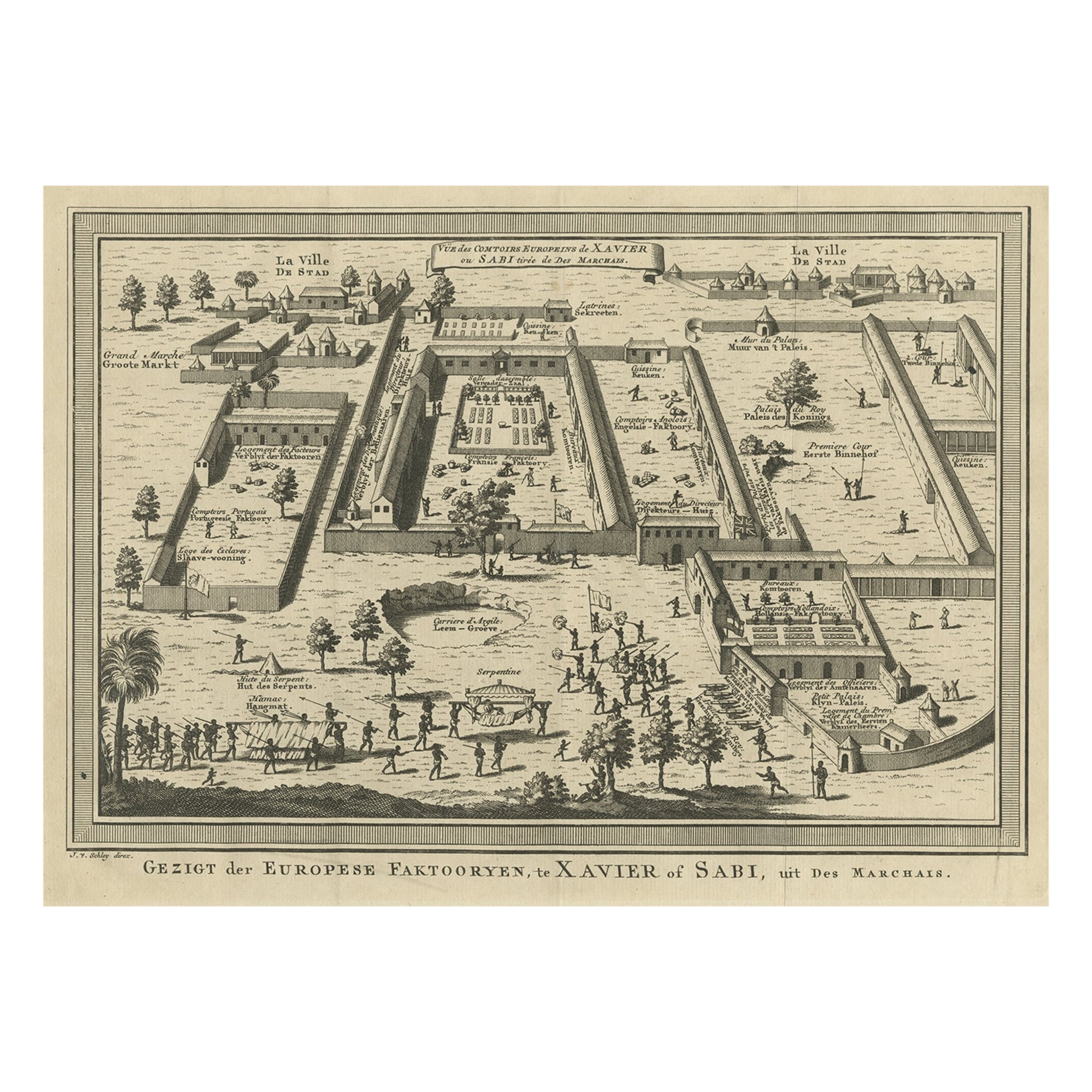 Old Bird's Eye View of the European Trading Posts at Sabi, Benin, Africa, 1748 For Sale