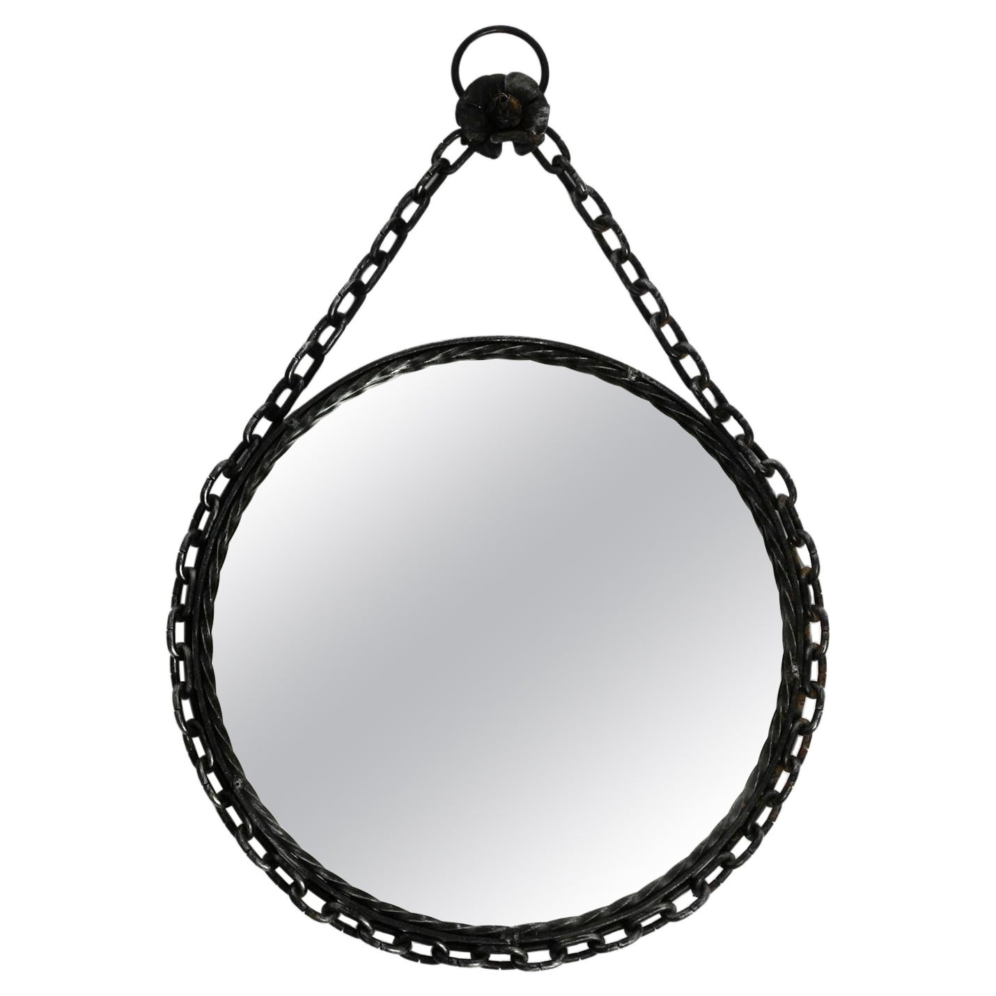Heavy Brutalist Mid-Century Design Wall Mirror with Wrought Iron Frame and Chain