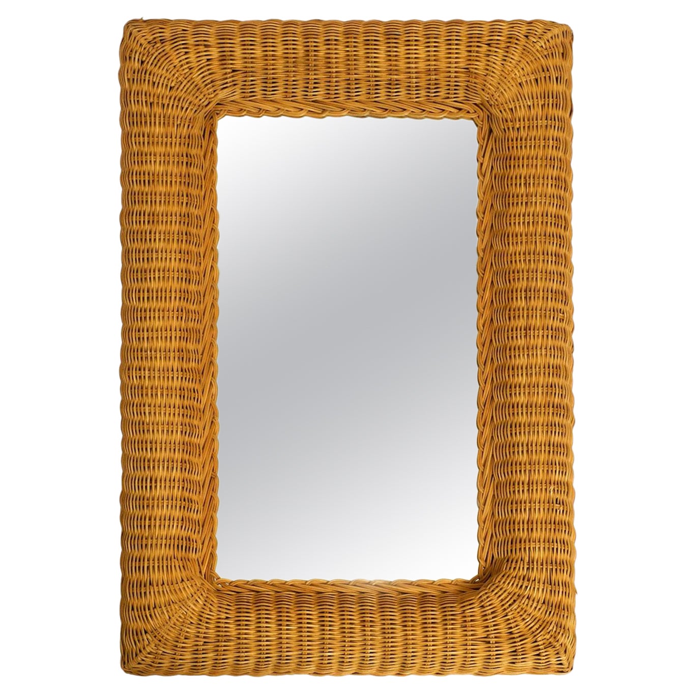 Very Nice 1960s Large Italian Wicker Wall Mirror with a Wide Frame