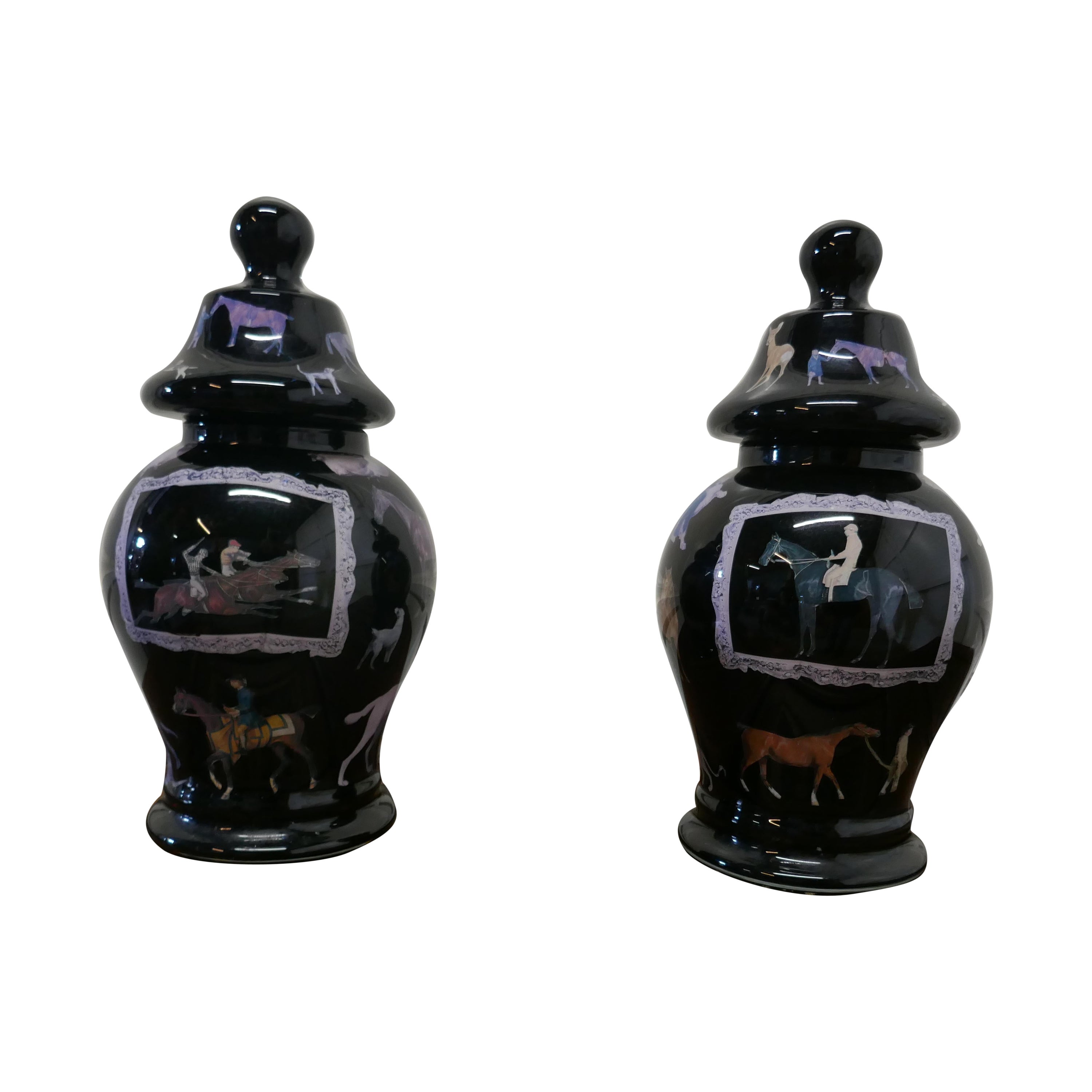 Pair of Reverse Painted Decoupage Baluster Vases with Covers