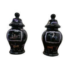 Pair of Reverse Painted Decoupage Baluster Vases with Covers