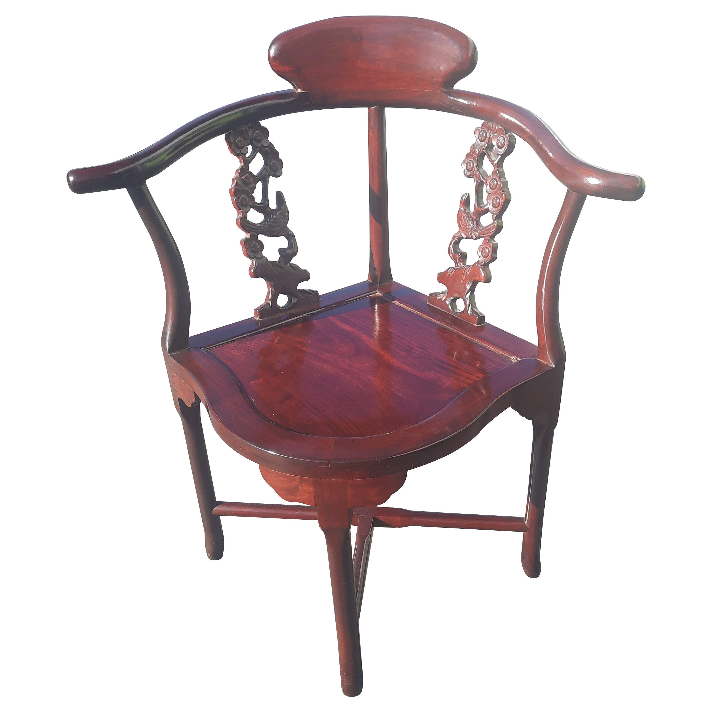 Vintage Rosewood Hand Carved Oriental Corner Chair For Sale