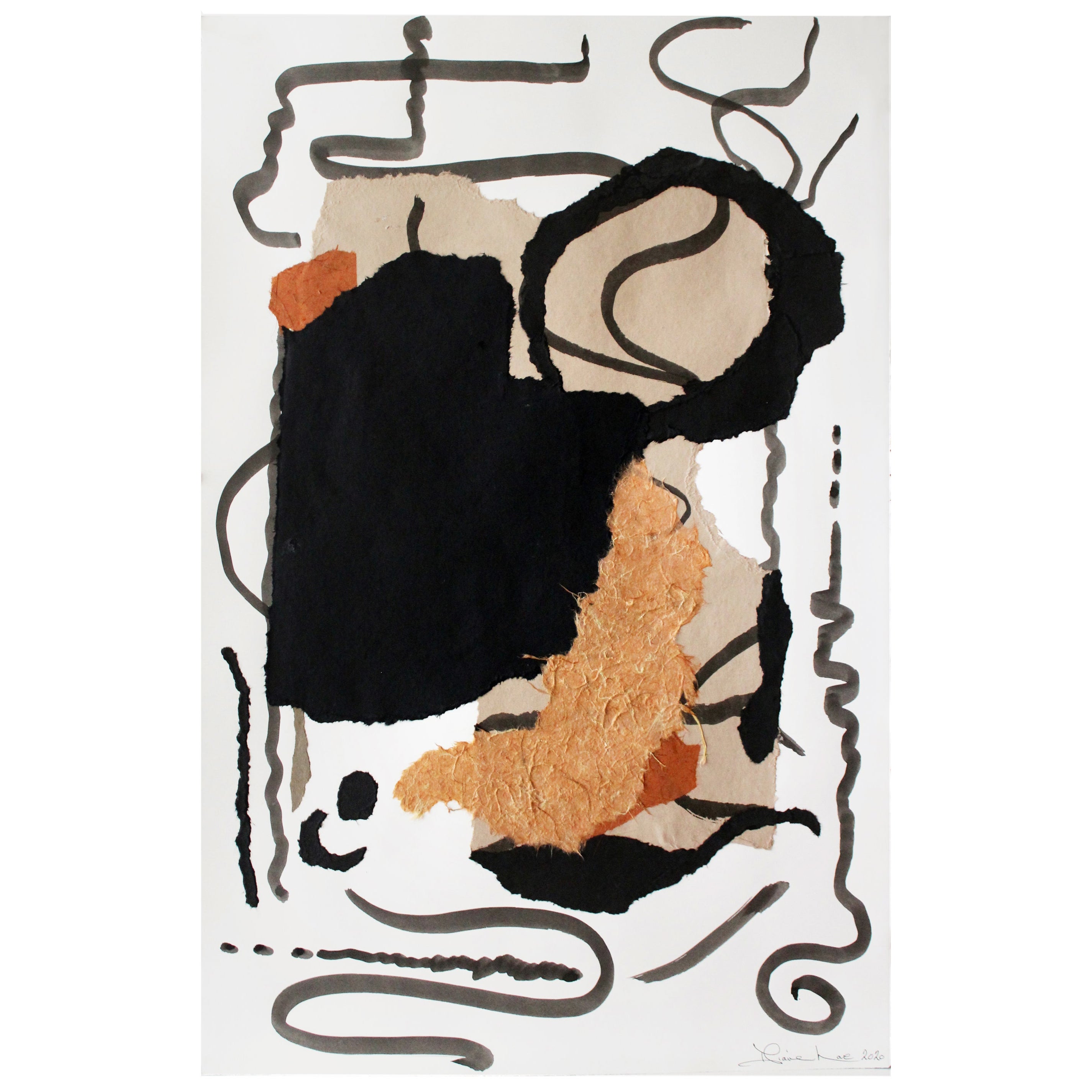 "Rhythm, " 2021 Large Framed Abstract Black, Rust and Tan Collage by Diane Love