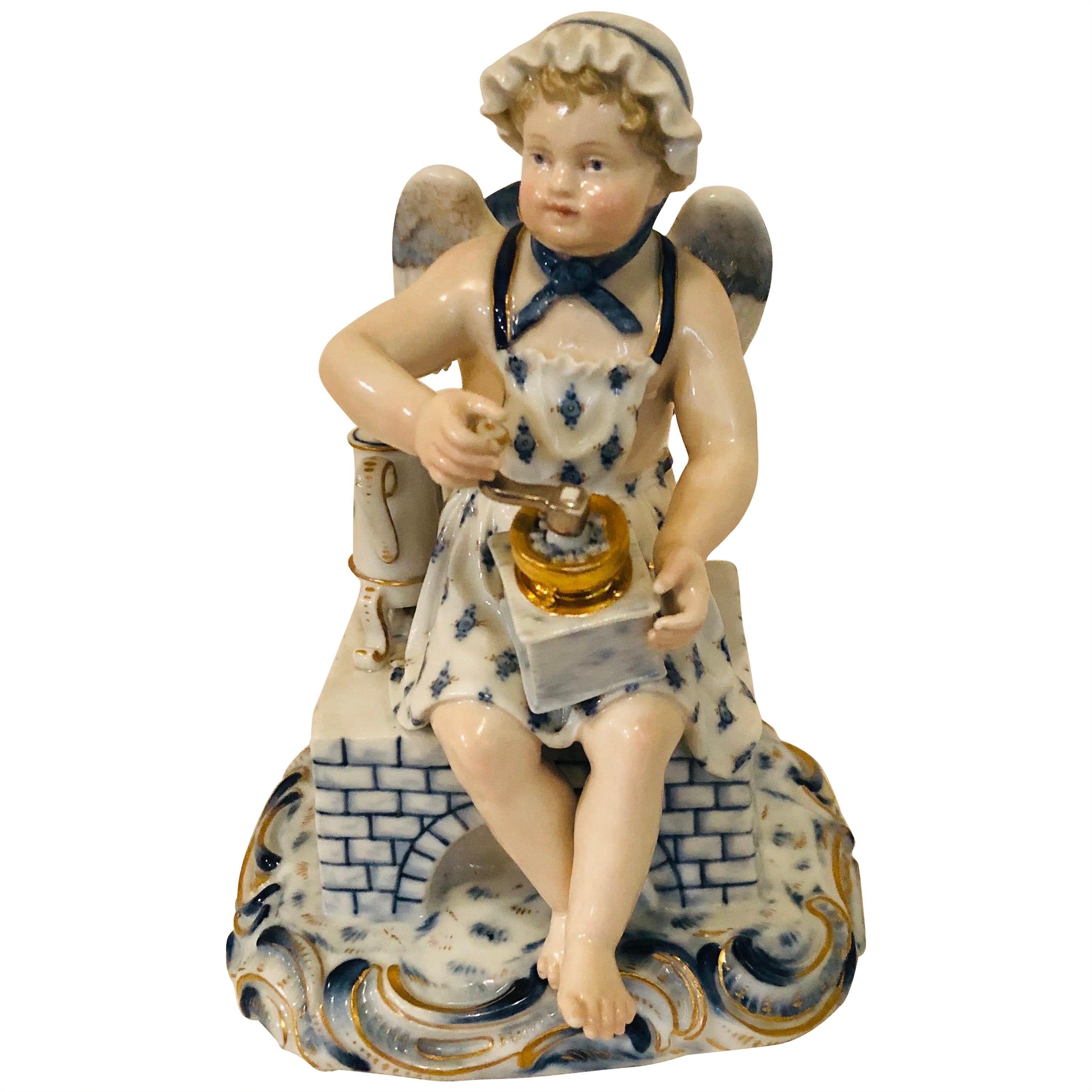 Meissen Figurine of a Boy Angel with Wings Grounding Coffee for His Coffee Pot