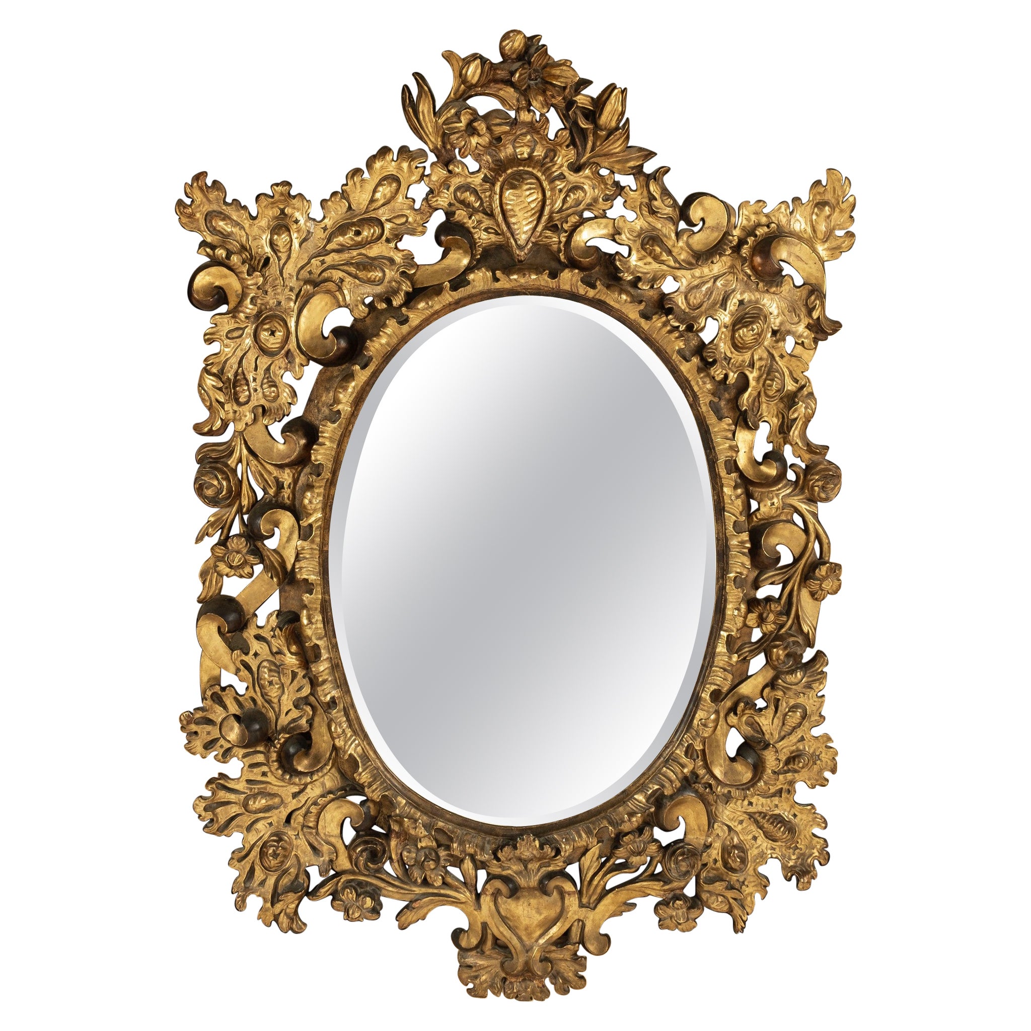 18th Century Spanish Baroque Gilt Wood Mirror For Sale