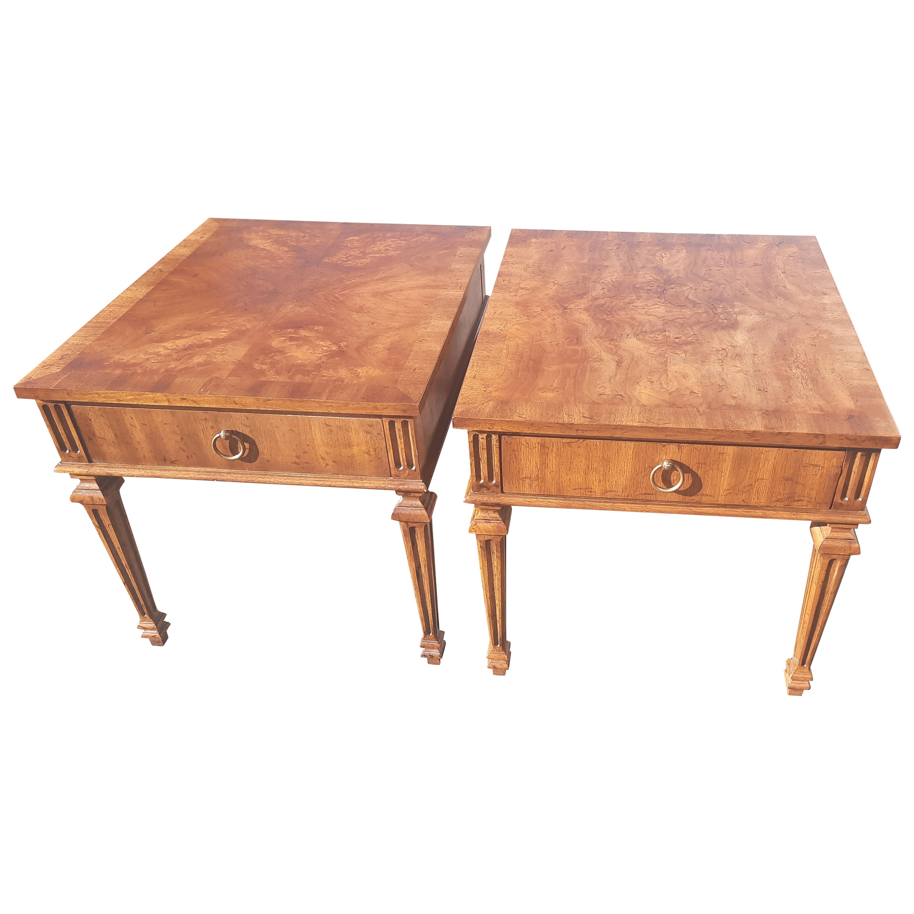 Heritage One Drawer Walnut Burl Side Tables, circa 1960s, a Pair
