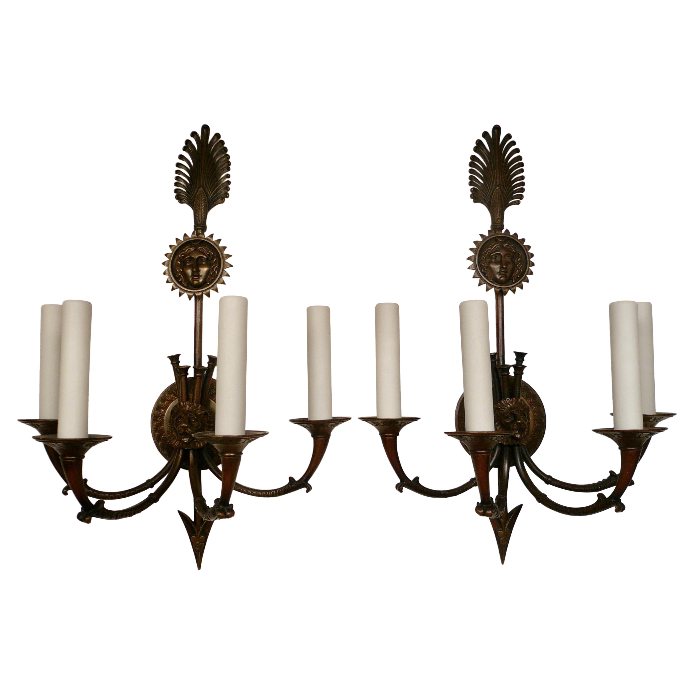 Pair Signed E F. Caldwell Neo-Classical Style Bronze Sconces For Sale