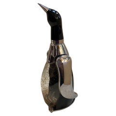 Vintage MidCentury Glass and Chrome Penguin Sculpture Decanter and Music Box