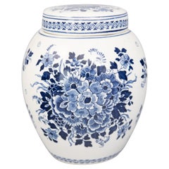 Antique Dutch Delft Floral Lidded Vase Urn Ginger Jar, circa 1920