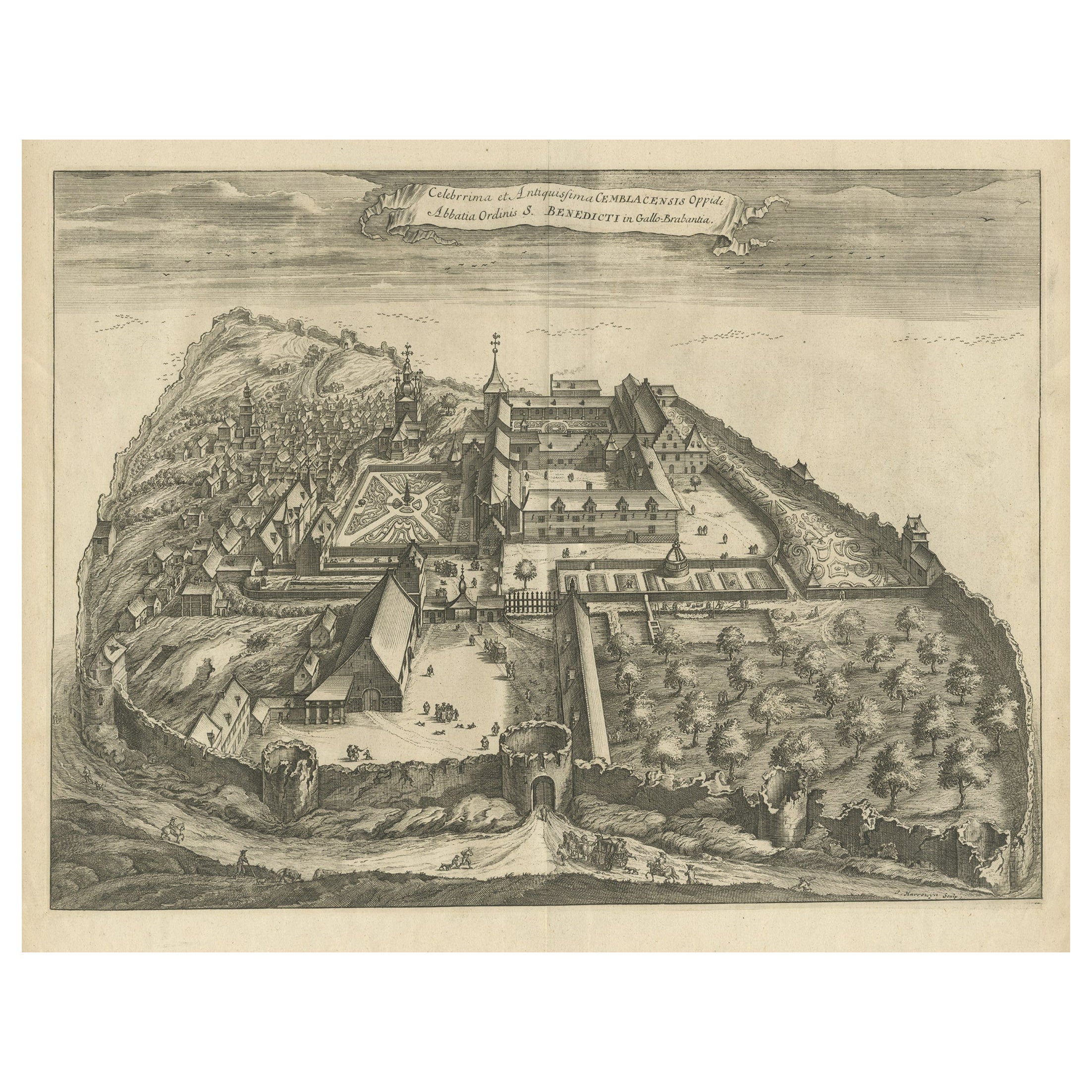 Original Antique Print of the Benedictine Abbey of Gembloux, Belgium, ca.1660 For Sale