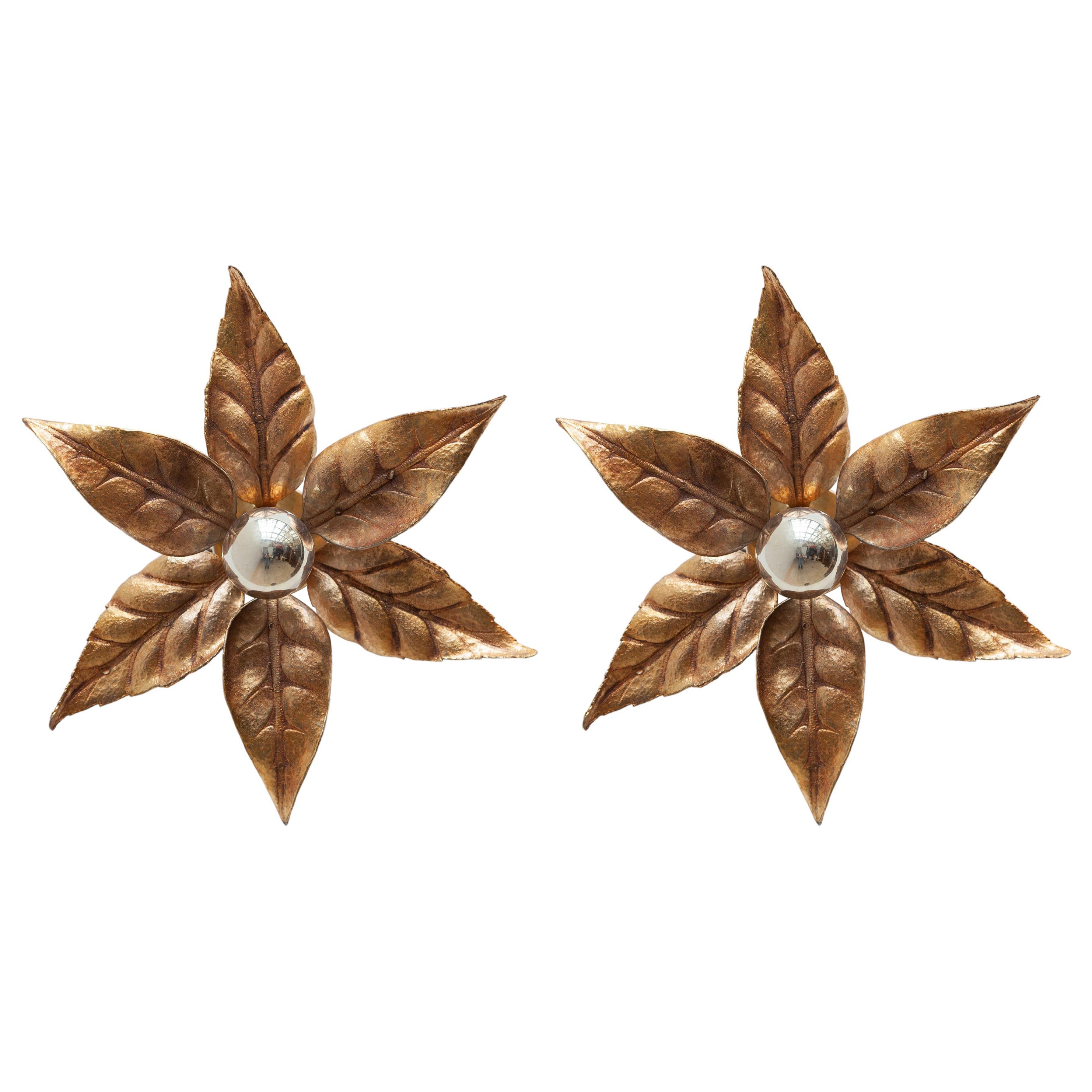 Willy Daro Set of Two Brass Flower Wall Lights, Belgium, 1970s for Massive
