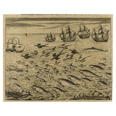 Old Print der Ascension-Insel mit Schiffen, einem Wal und fliegenden Fischen, 1601