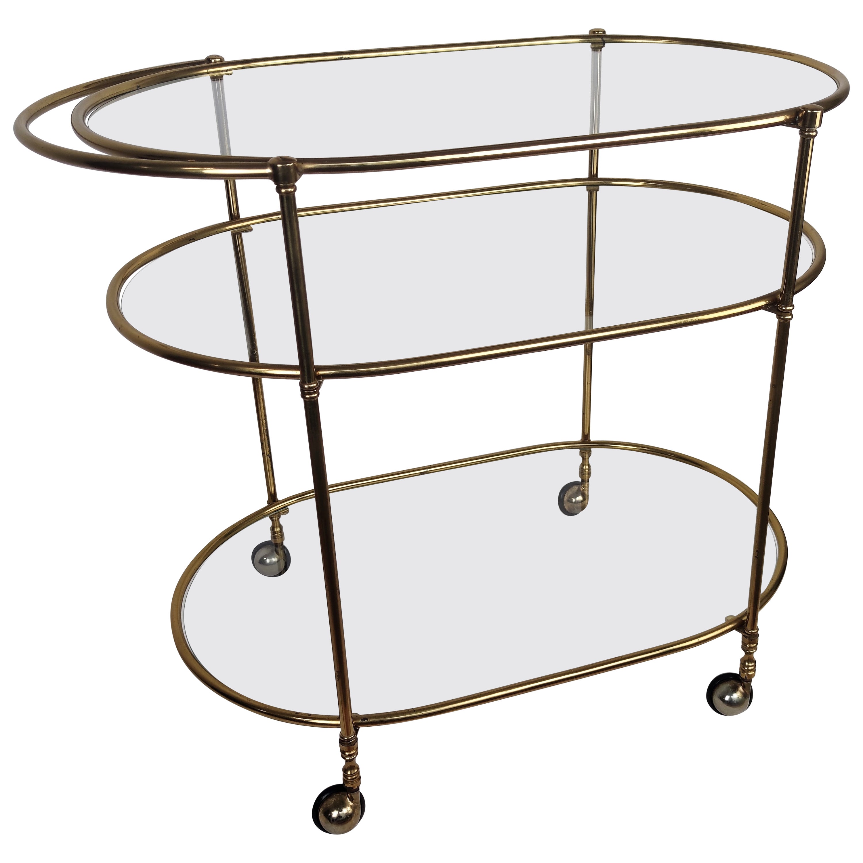 Hollywood Regency Three-Tier Brass and Glass Bar Cart, Italy, 1970s