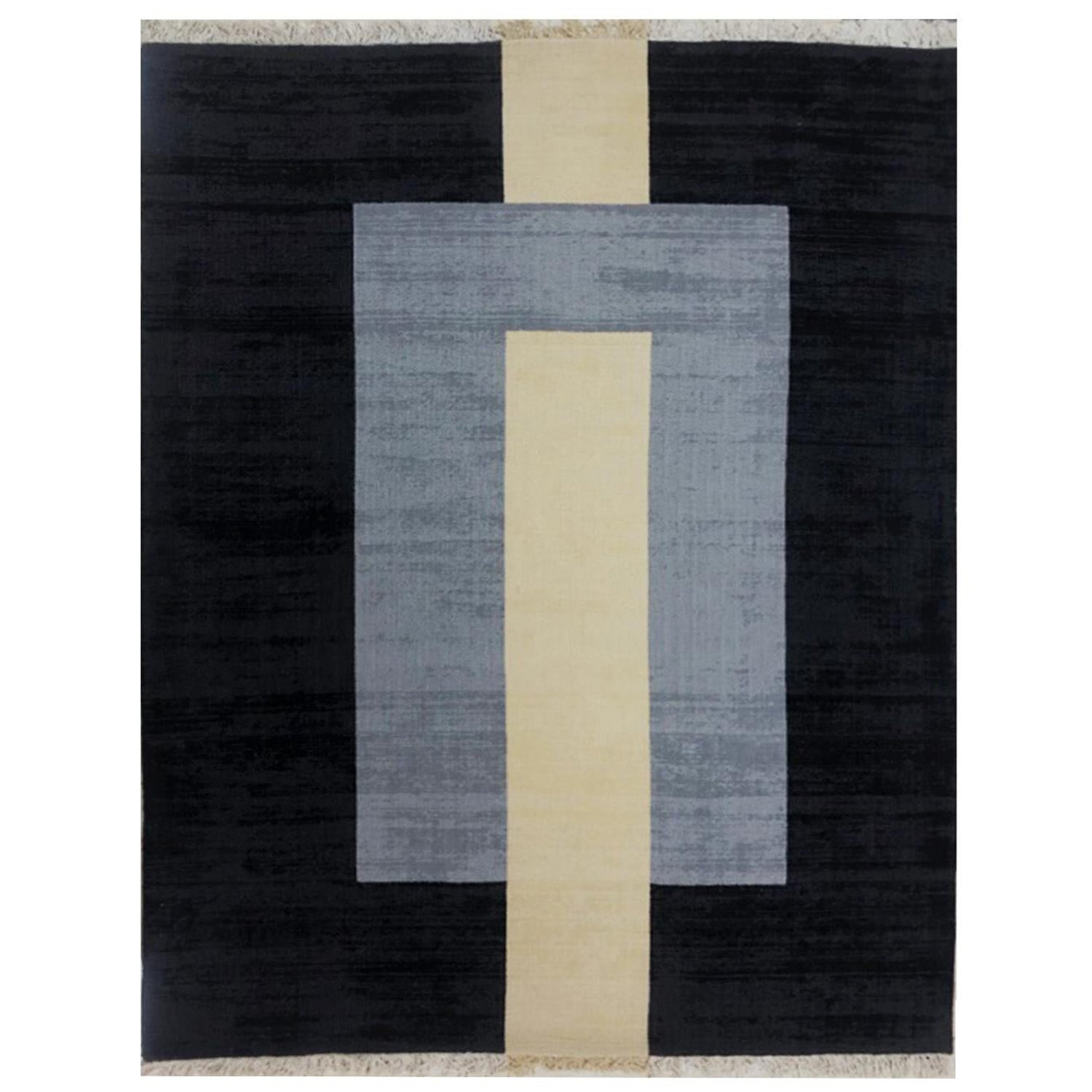 Rug Grey Wool Modern Geometric Black Cream Large Carpet Handmade line with pile