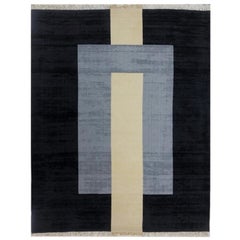 Plain Grey - Modern Geometric Black Grey Cream Beige Wool Boxes Rug (Big)