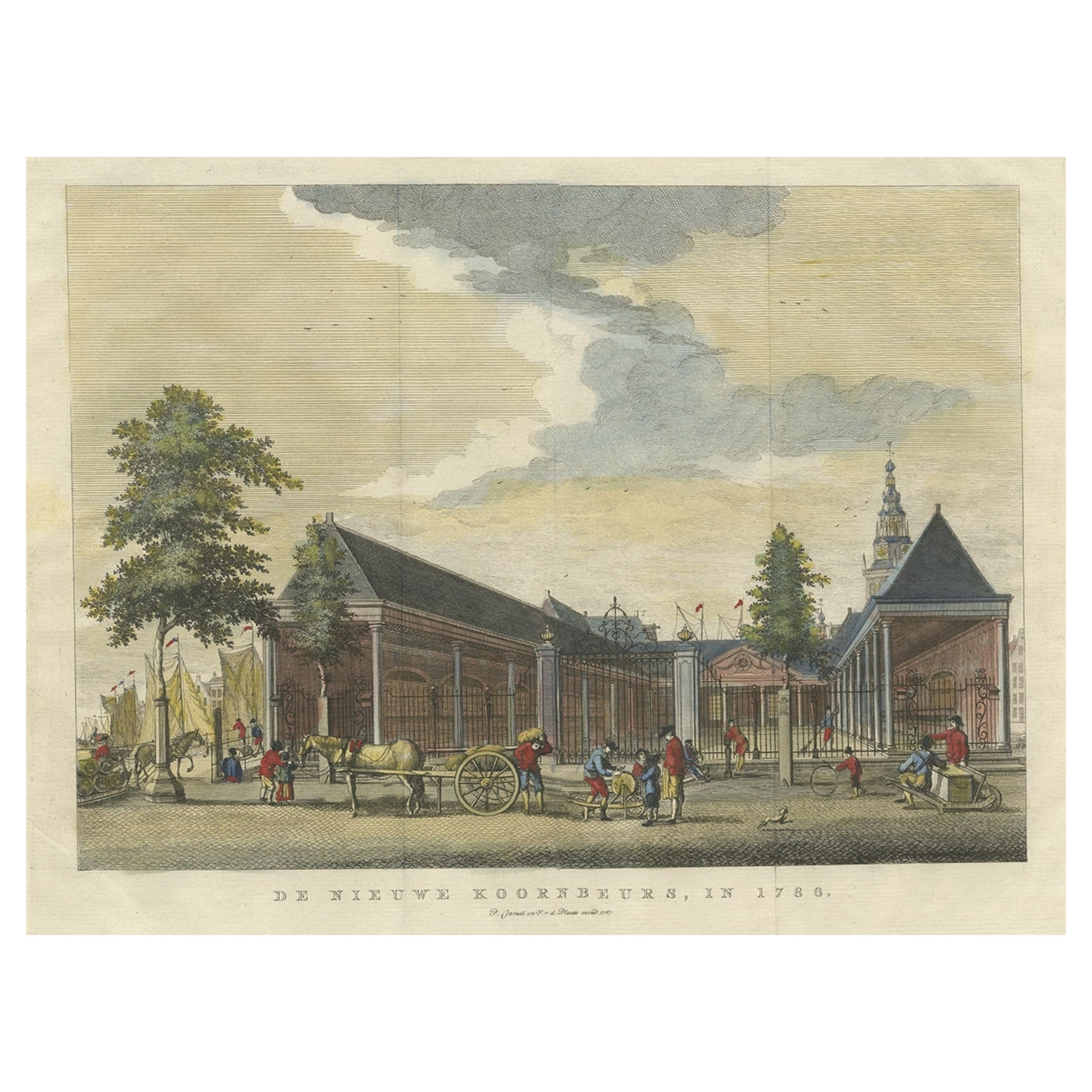 Grabado original antiguo del "Korenbeurs" en Amsterdam, Países Bajos, 1787