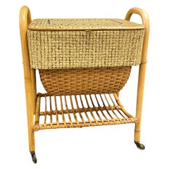 Vintage Wicker Rattan Bamboo Sewing Box on Rolls, 1960s, Italy