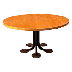 Italian Modern Oak and Black Metal Round Table by Tobia Scarpa for Unifor, 1980s