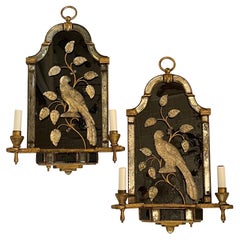 Fine Large Vintage Pair Maison Baguès Bronze Rock Crystal Bird Mirrored Sconces