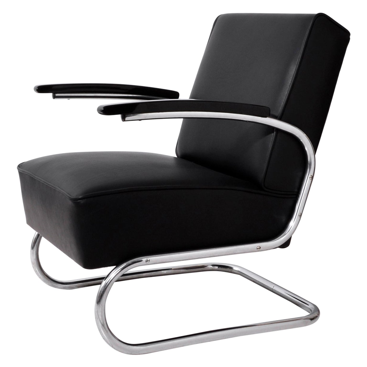 Fauteuil cantilever en acier tubulaire Thonet S411, tissu d'ameublement en cuir noir, vers 1935 en vente