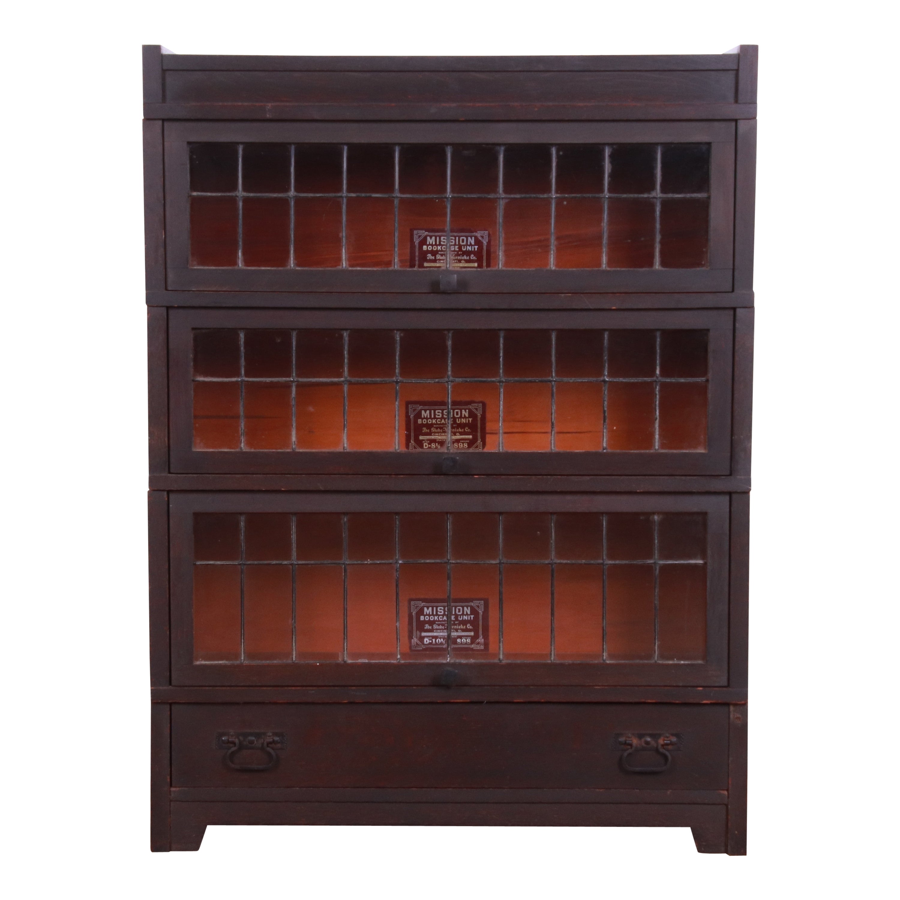 Globe Wernicke Antique Mission Oak Three-Stack Leaded Glass Barrister Bookcase