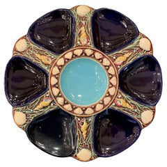 Ancienne assiette à huîtres en porcelaine cobalt de Minton Majolica Pottery, datant d'environ 1865