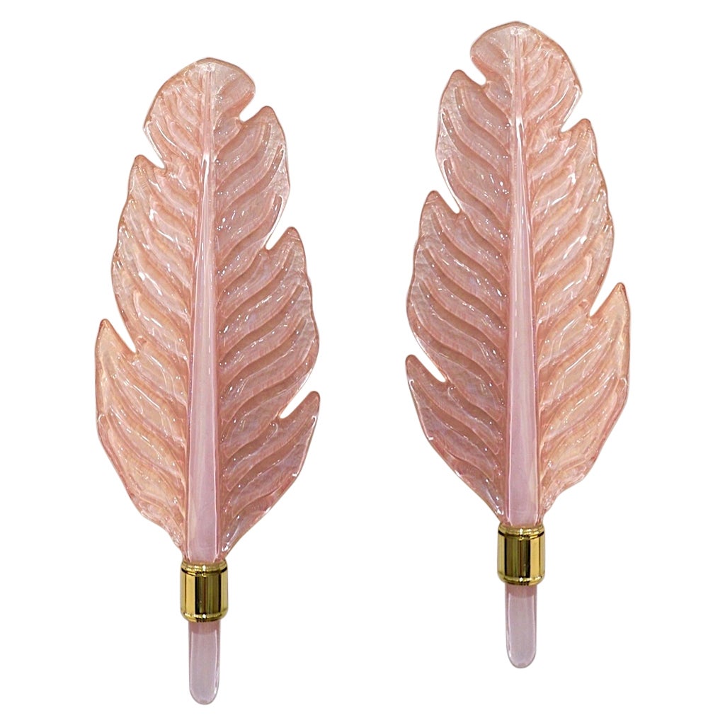 Contemporary Italian Art Deco Pink Murano Glass & Brass Feather Leaf Sconces For Sale