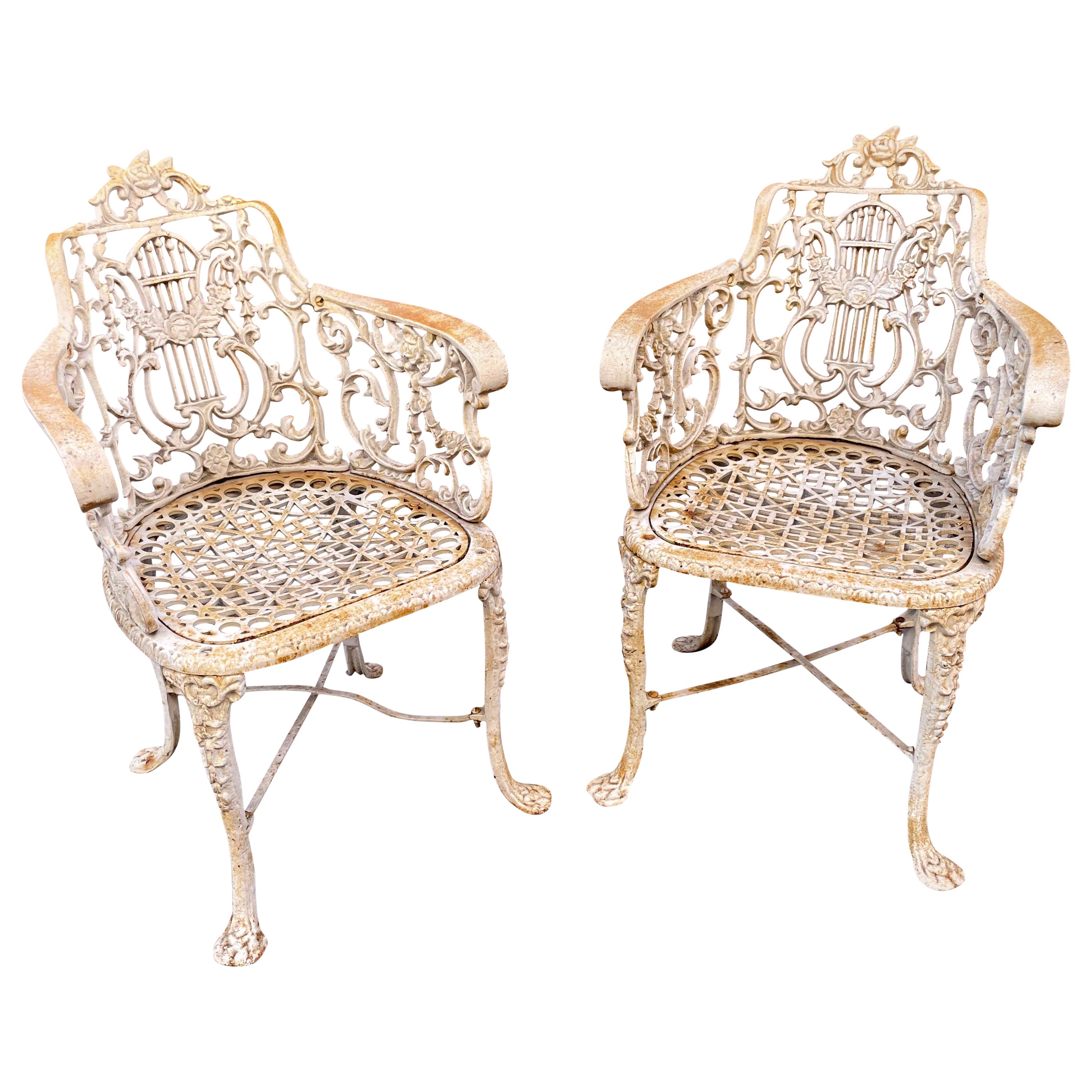 1860s Antique Neoclassical Robert Wood Cast Iron Chairs, a Pair For Sale