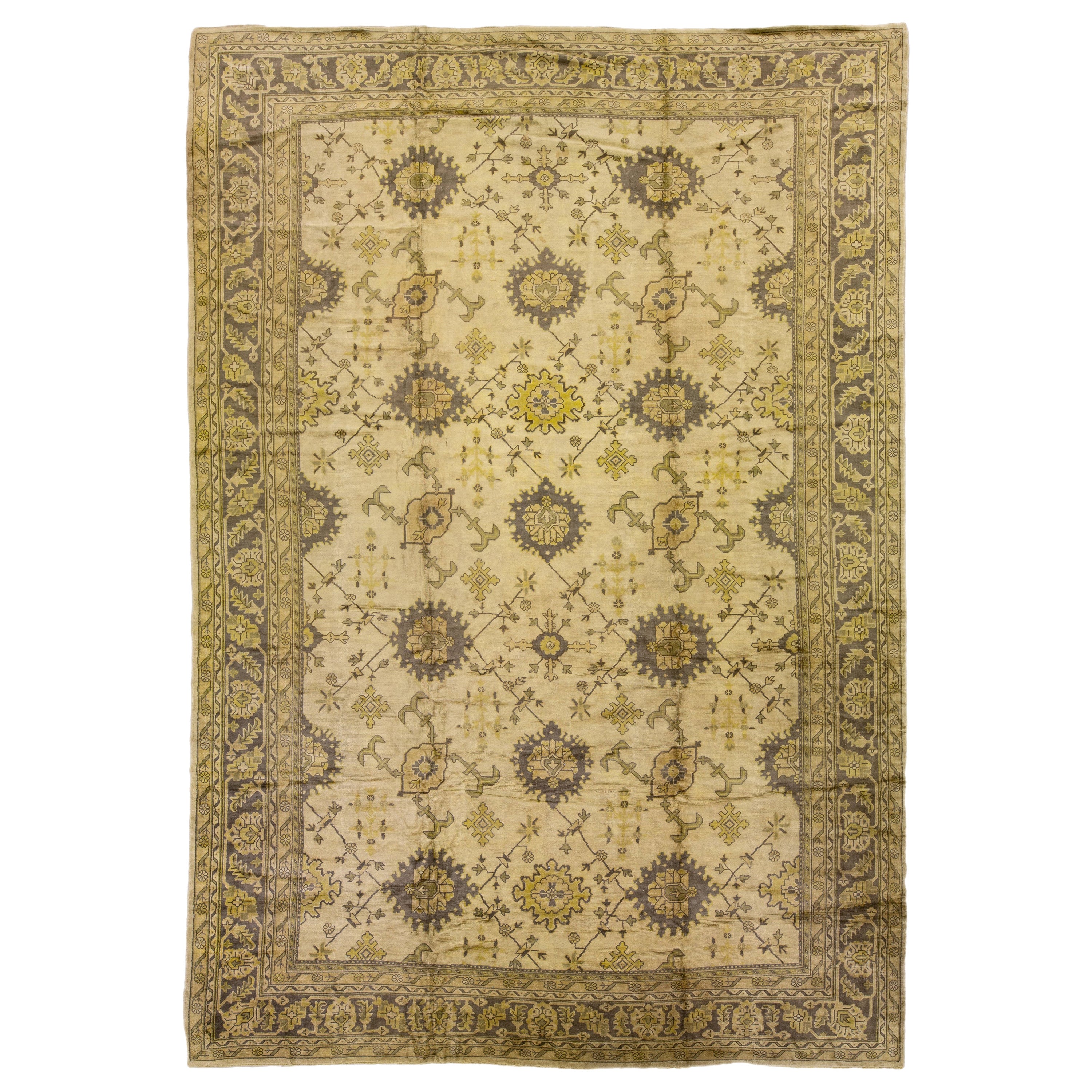 19th-Century Antique Turkish Oushak Beige Floral Wool Rug For Sale