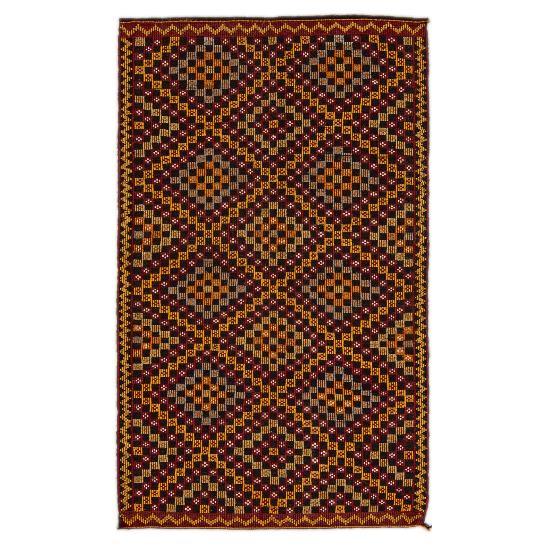 Vintage Soumak Handmade Geometric Designed Brown Wool Rug For Sale