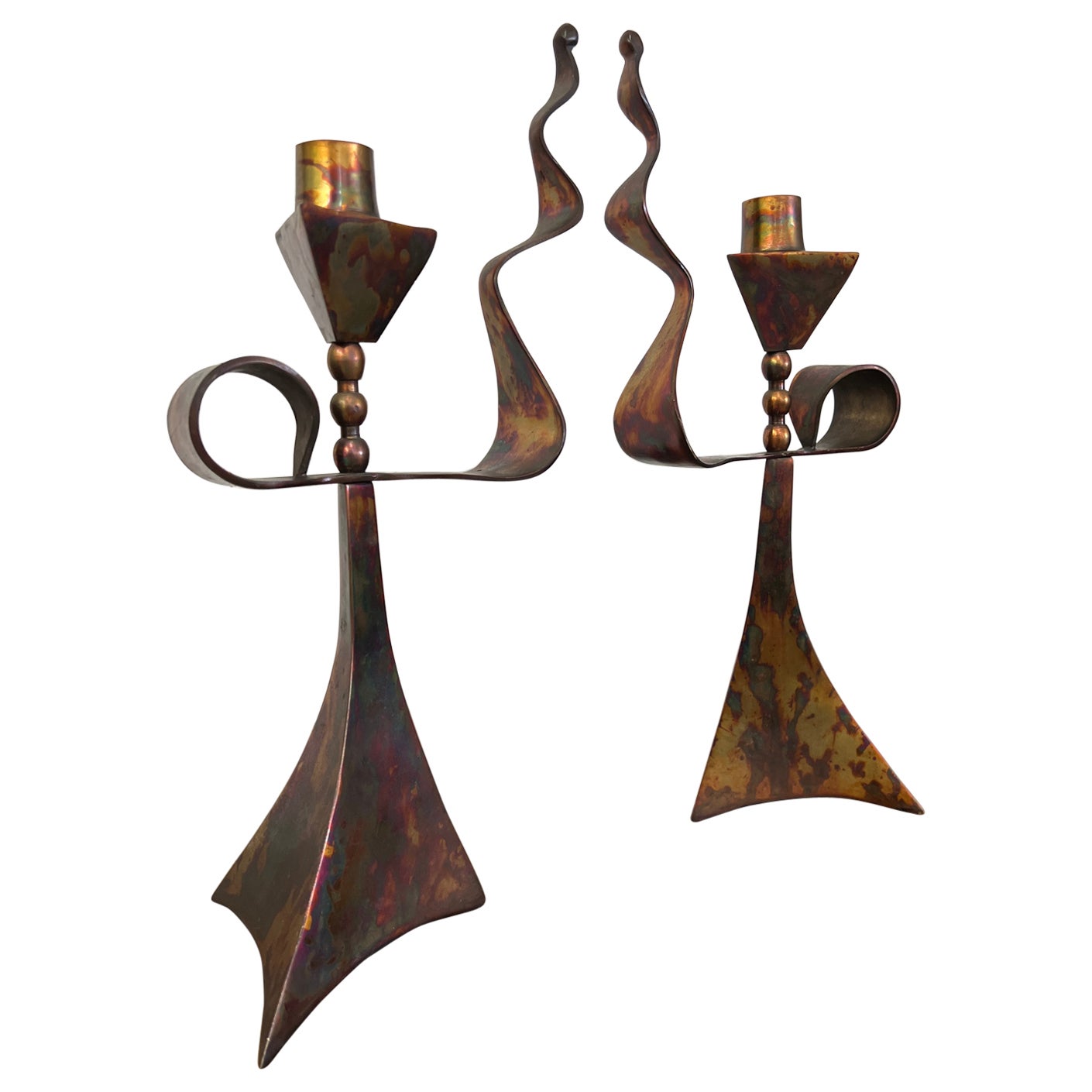 Modernist Triangular Copper Candlesticks For Sale