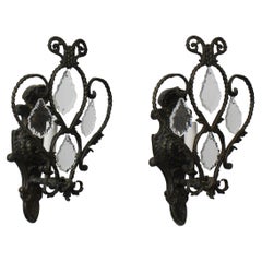 Mid-20th Century Bronze and Crystal Sconces, a Pair