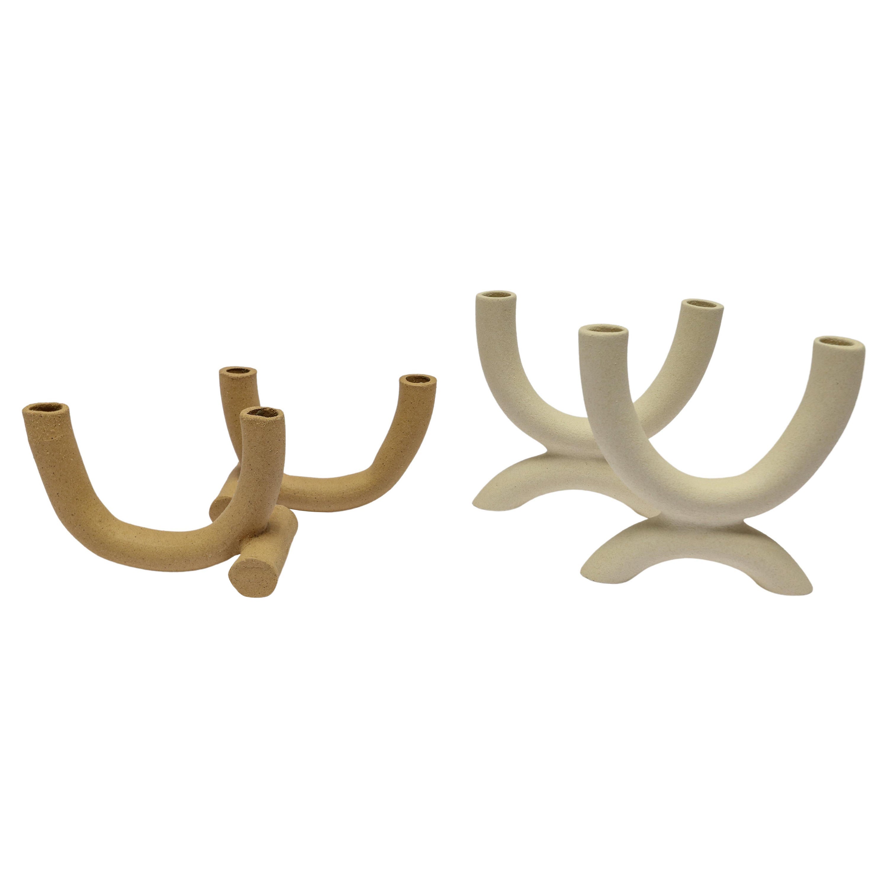 Forevermore & Harmony Duel Candle Holders in Blanc White & Birch Tan For Sale