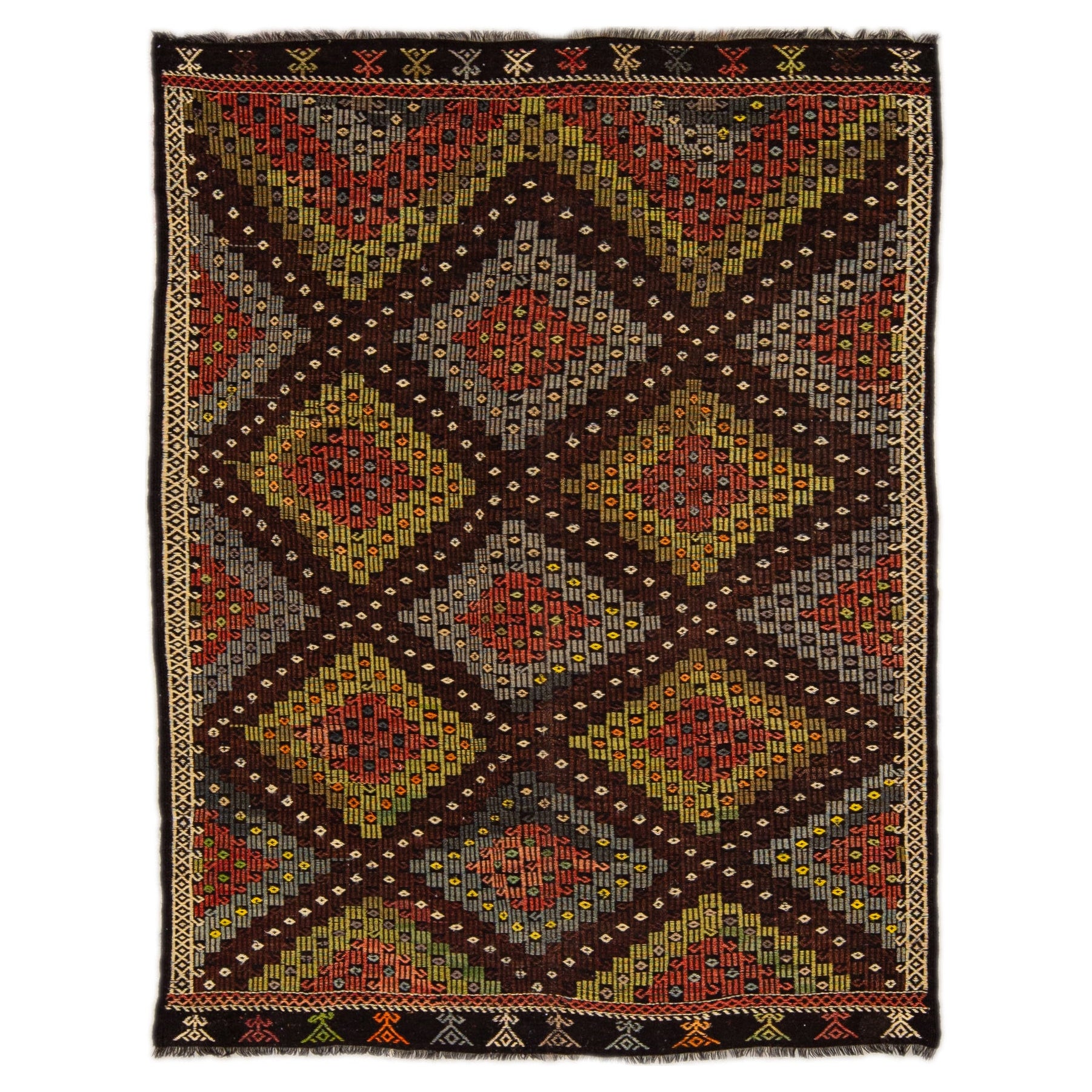 Brauner brauner Vintage Soumak handgefertigter Wollteppich mit geometrischem Muster