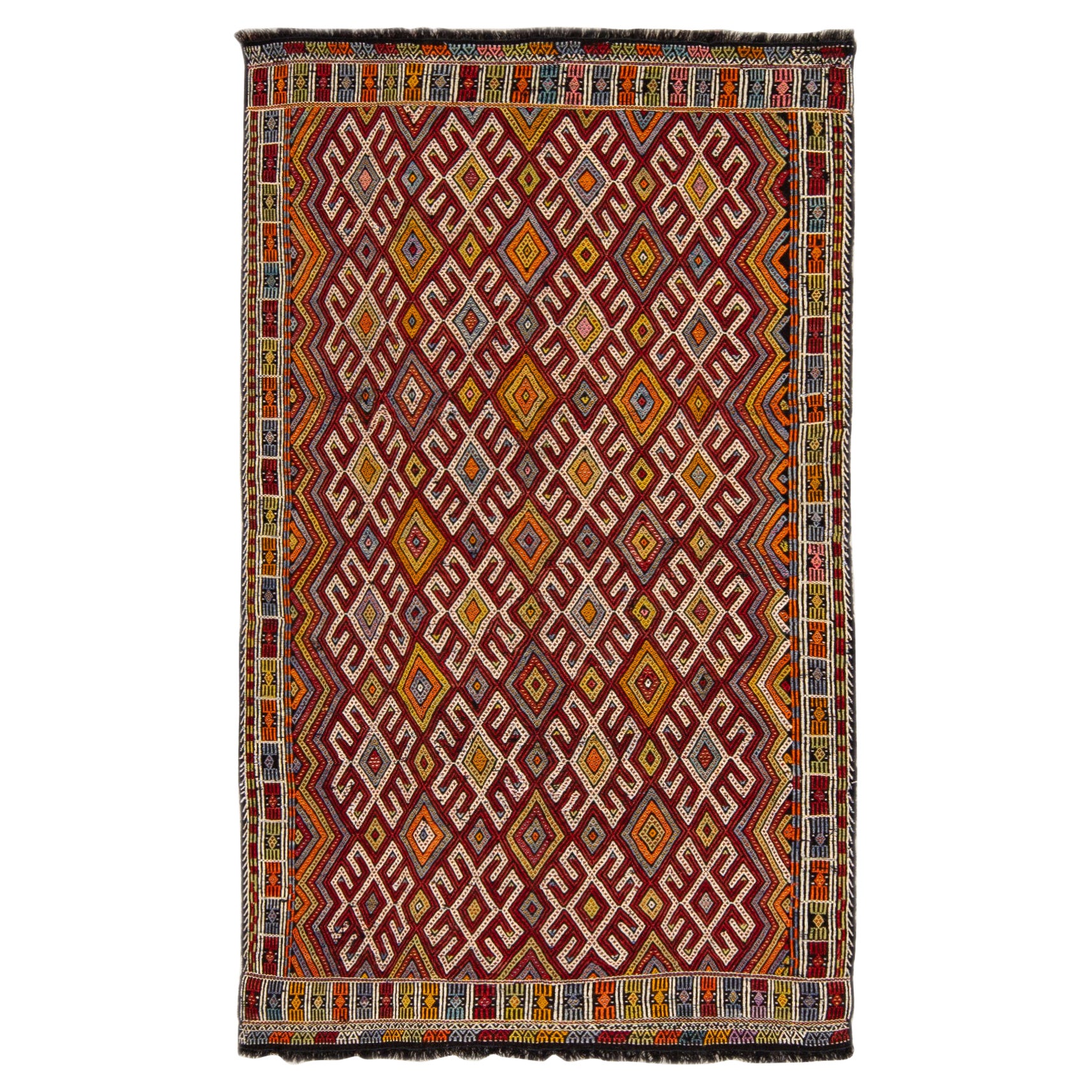 Vintage Soumak Handmade Geometric Designed Multicolor Wool Rug For Sale