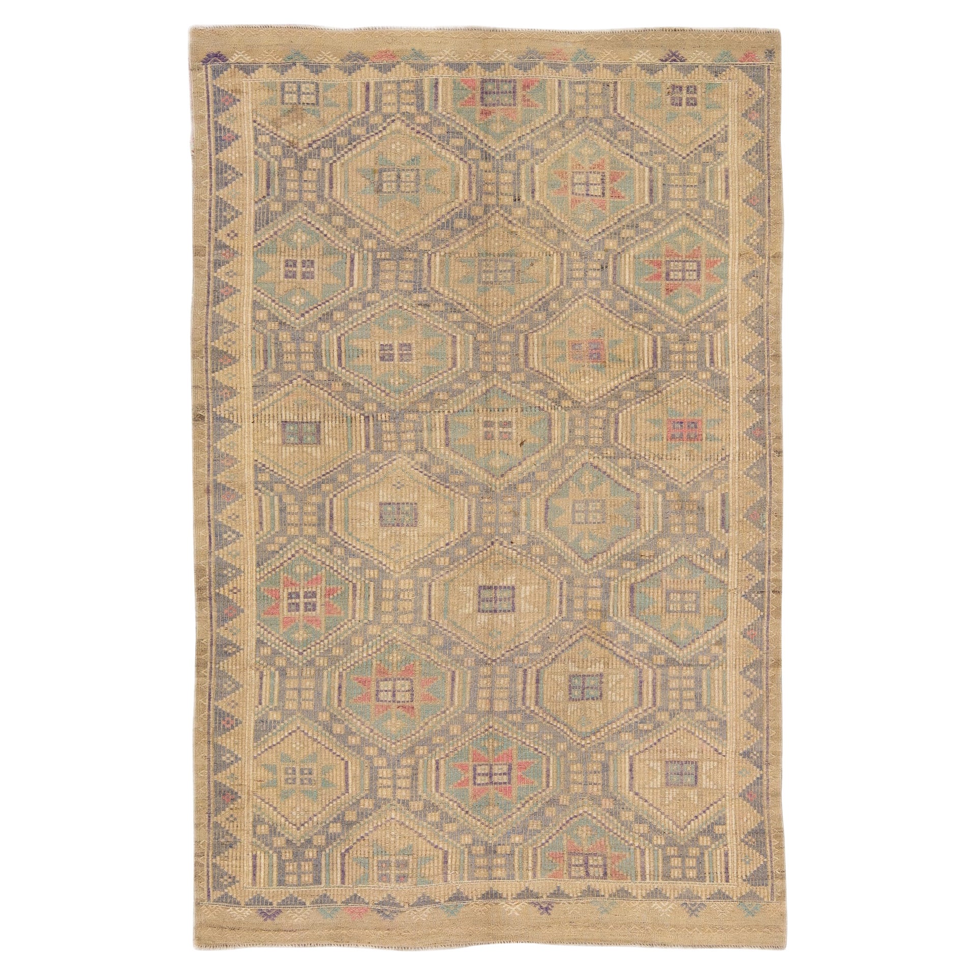 Vintage Soumak Handmade Geometric Designed Tan Wool Rug For Sale